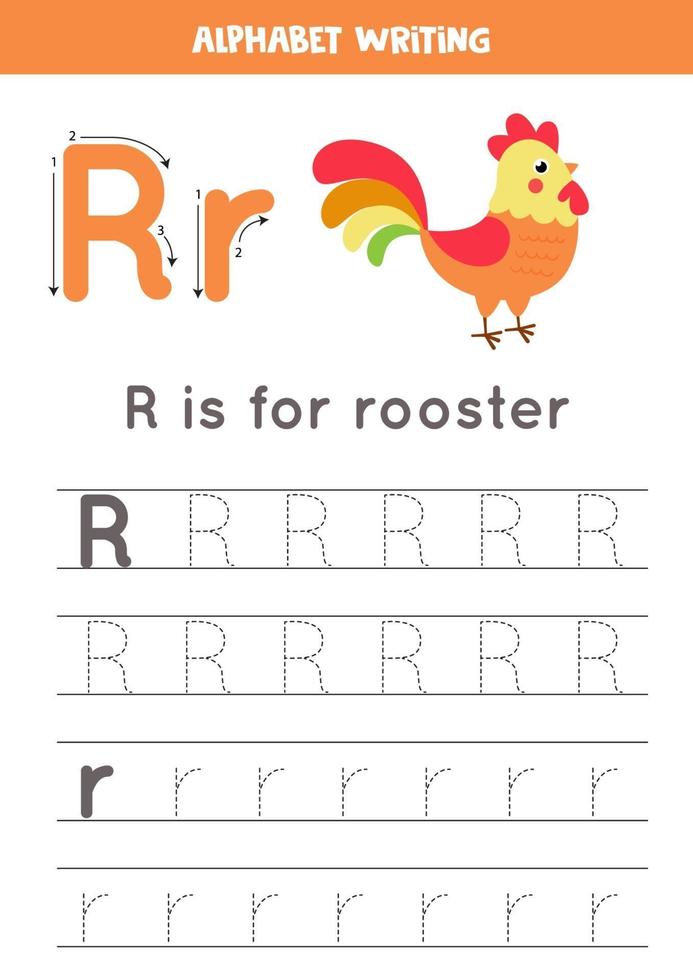 práctica de escritura a mano con letra del alfabeto. trazando r. vector