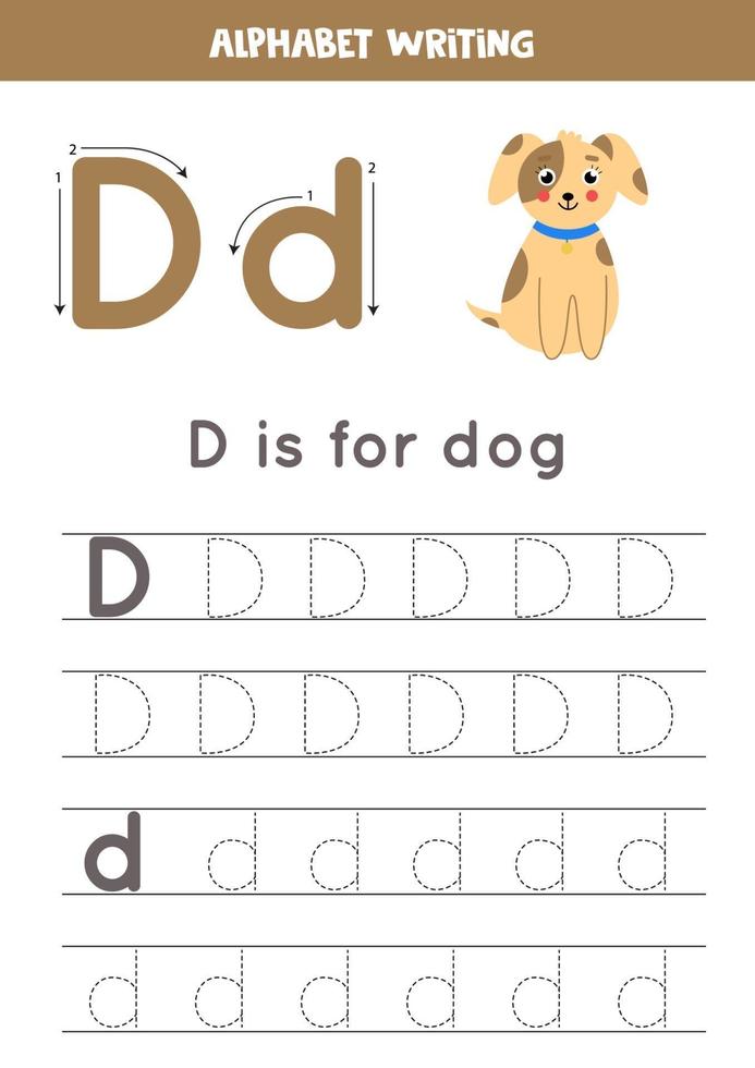 D is for dog. Tracing English alphabet worksheet. vector