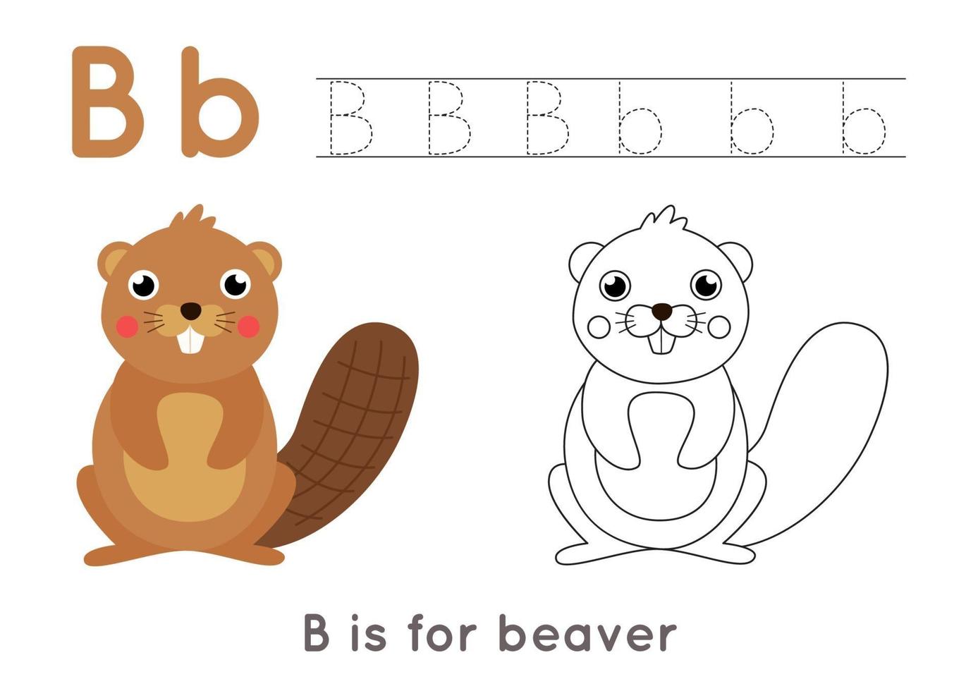 Coloring page with letter b and cute cartoon beaver. vector