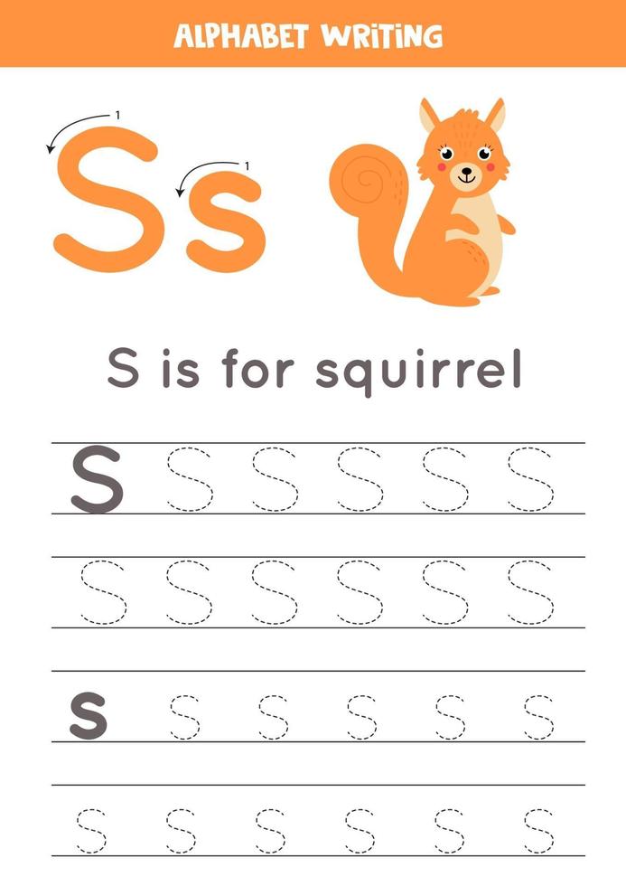 S is for squirrel. Tracing English alphabet worksheet. vector