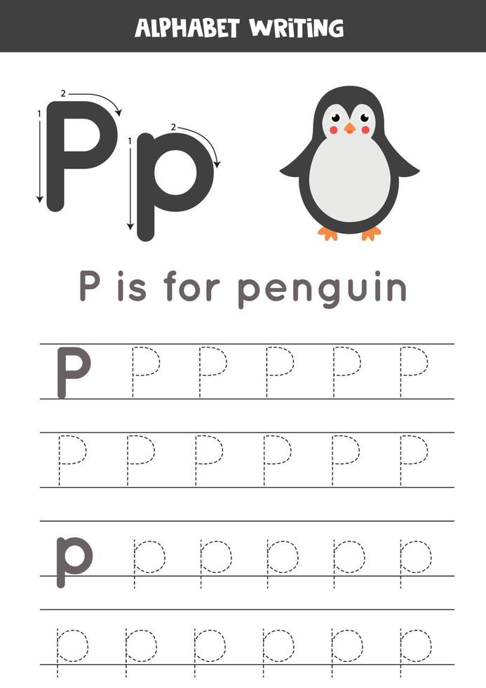 Tracing alphabet letter P with cute cartoon penguin. vector