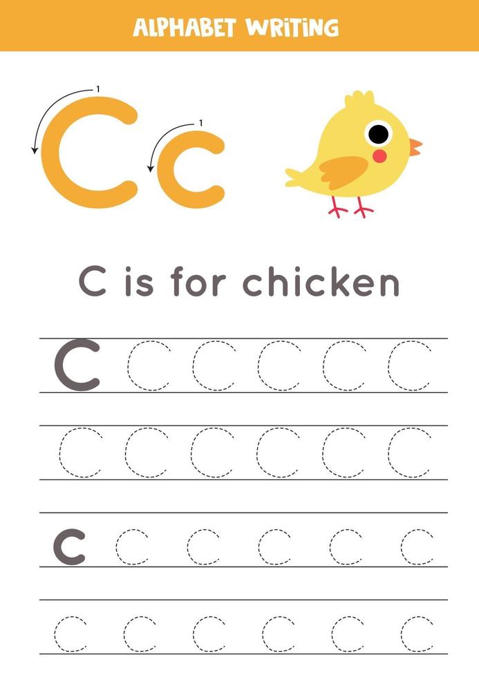 Handwriting practice with alphabet letter. Tracing C. vector