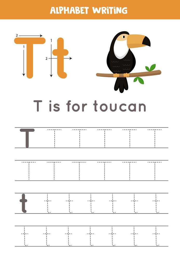 Handwriting practice with alphabet letter. Tracing T. vector