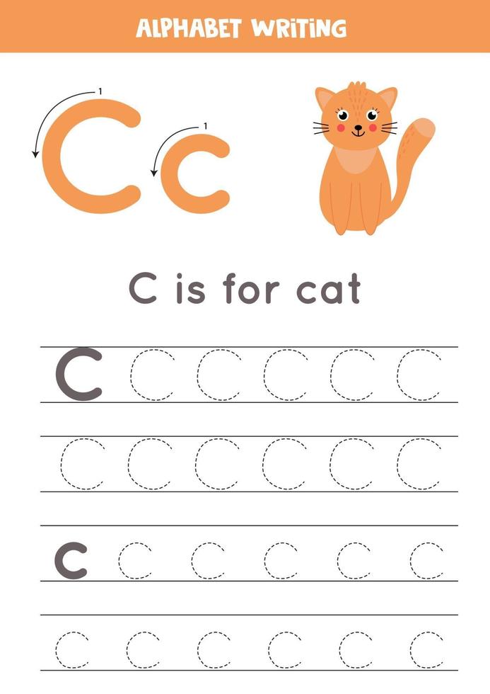 rastreo de la letra c del alfabeto con un gato de dibujos animados lindo. vector
