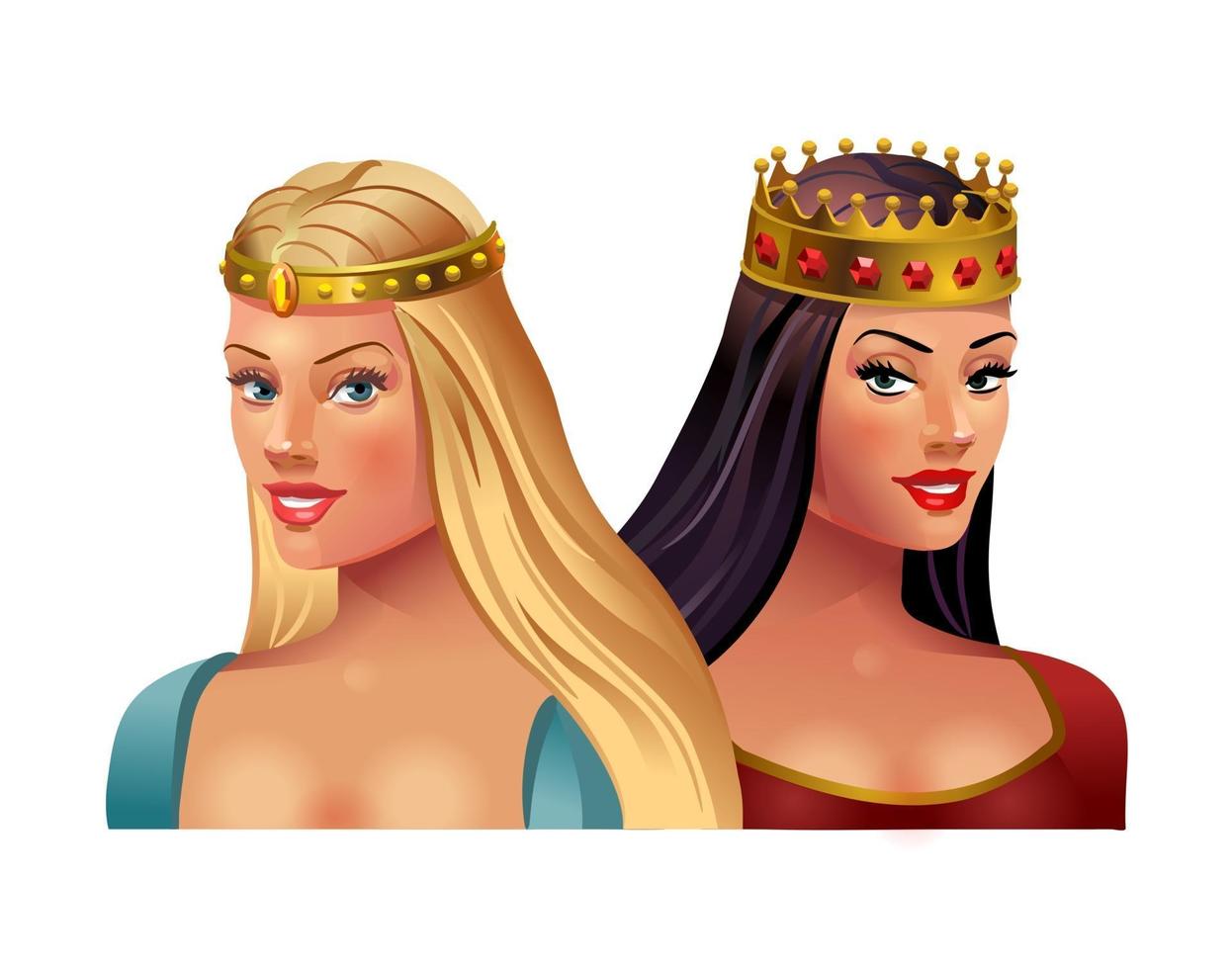Princess blonde and brunette in crowns on a white background. Vector illustration