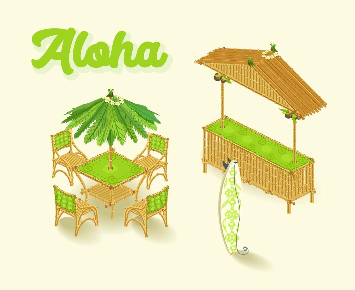 Hawaii bar, isometric set, reed style. Vector illustration