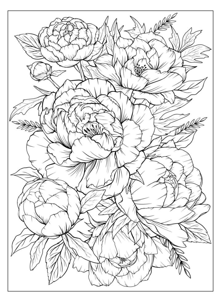 Coloring page with peonies and leaves. Vector page for coloring. Flower Colouring page. Floral print. Outline peonies. Black and white page for coloring book.