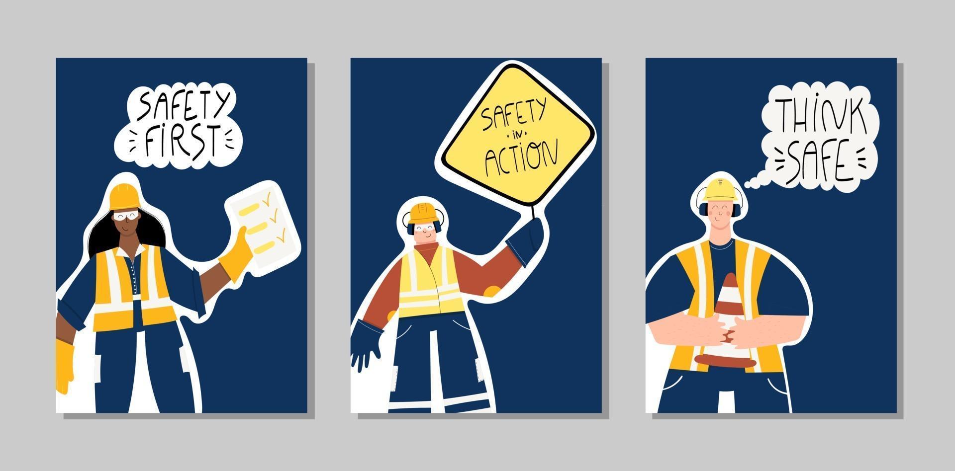 Safety first Industrial hand drawn posters set vector