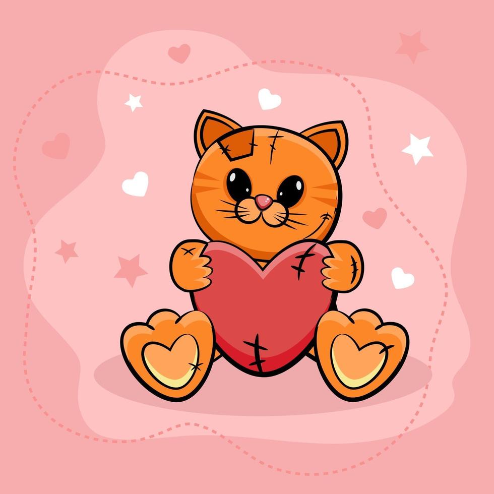 Sweet little kitten with heart on pink background. Vector illustration.