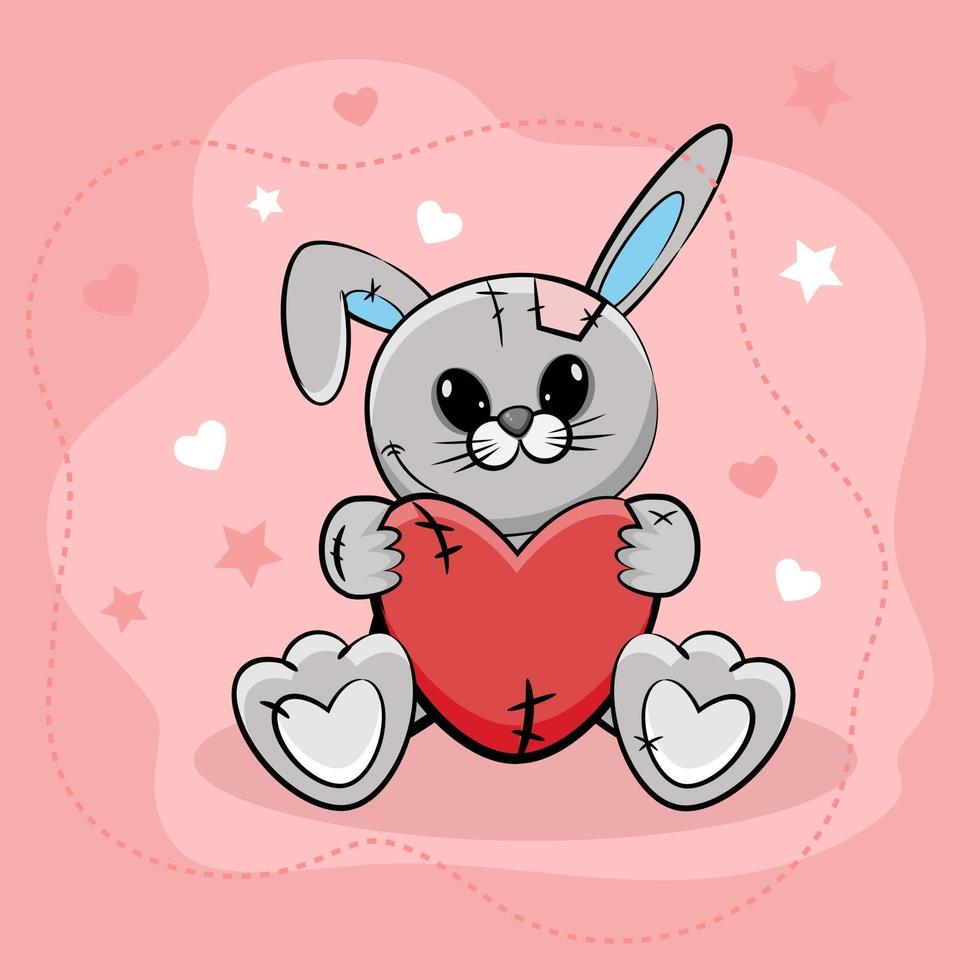 Sweet little bunny  with heart on pink background. Vector illustration.