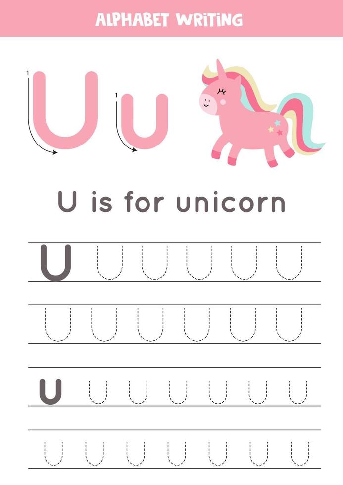 Tracing English alphabet. Letter U is for unicorn. vector