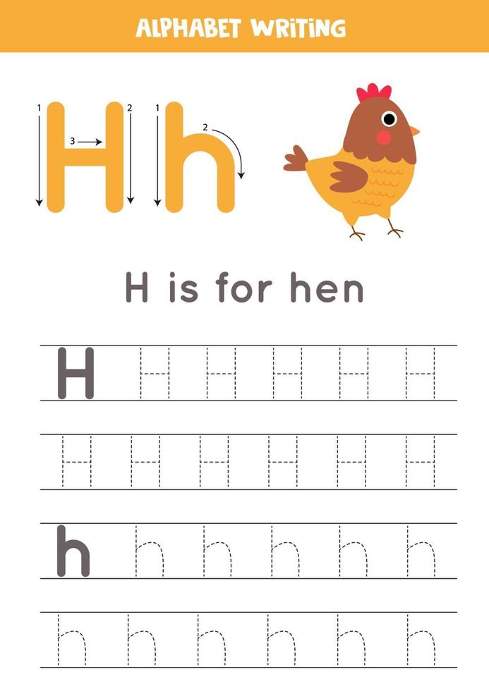 práctica de escritura a mano con letra del alfabeto. rastreo h. vector
