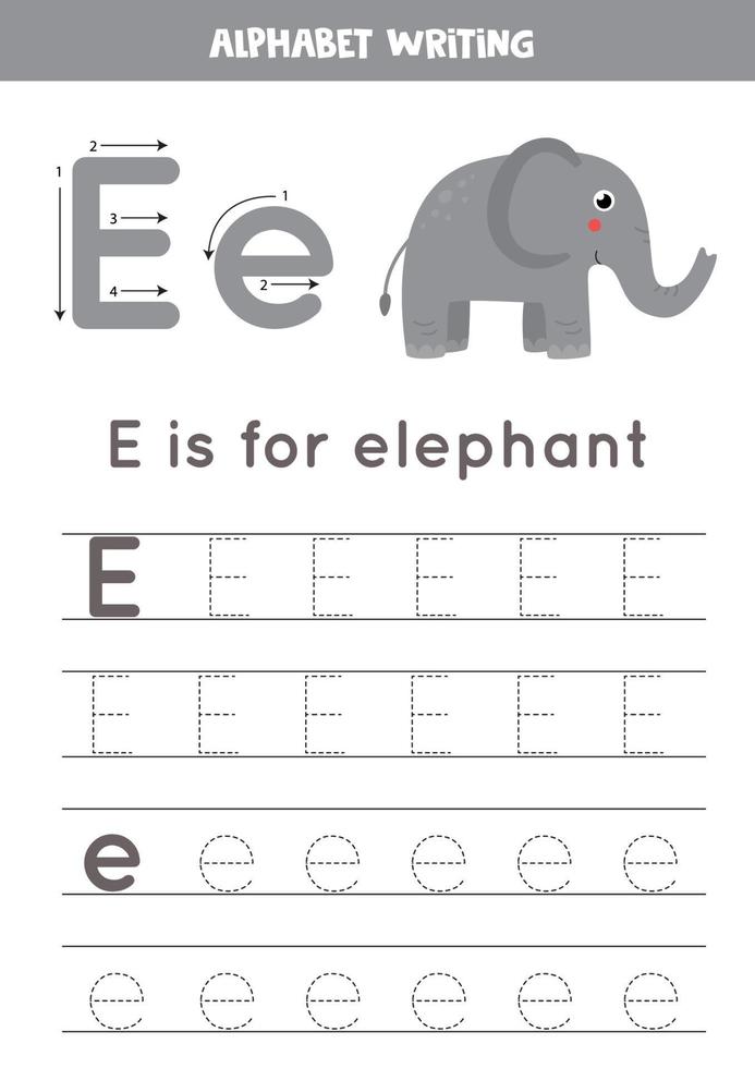 Tracing English alphabet. Letter E is for elephant. vector