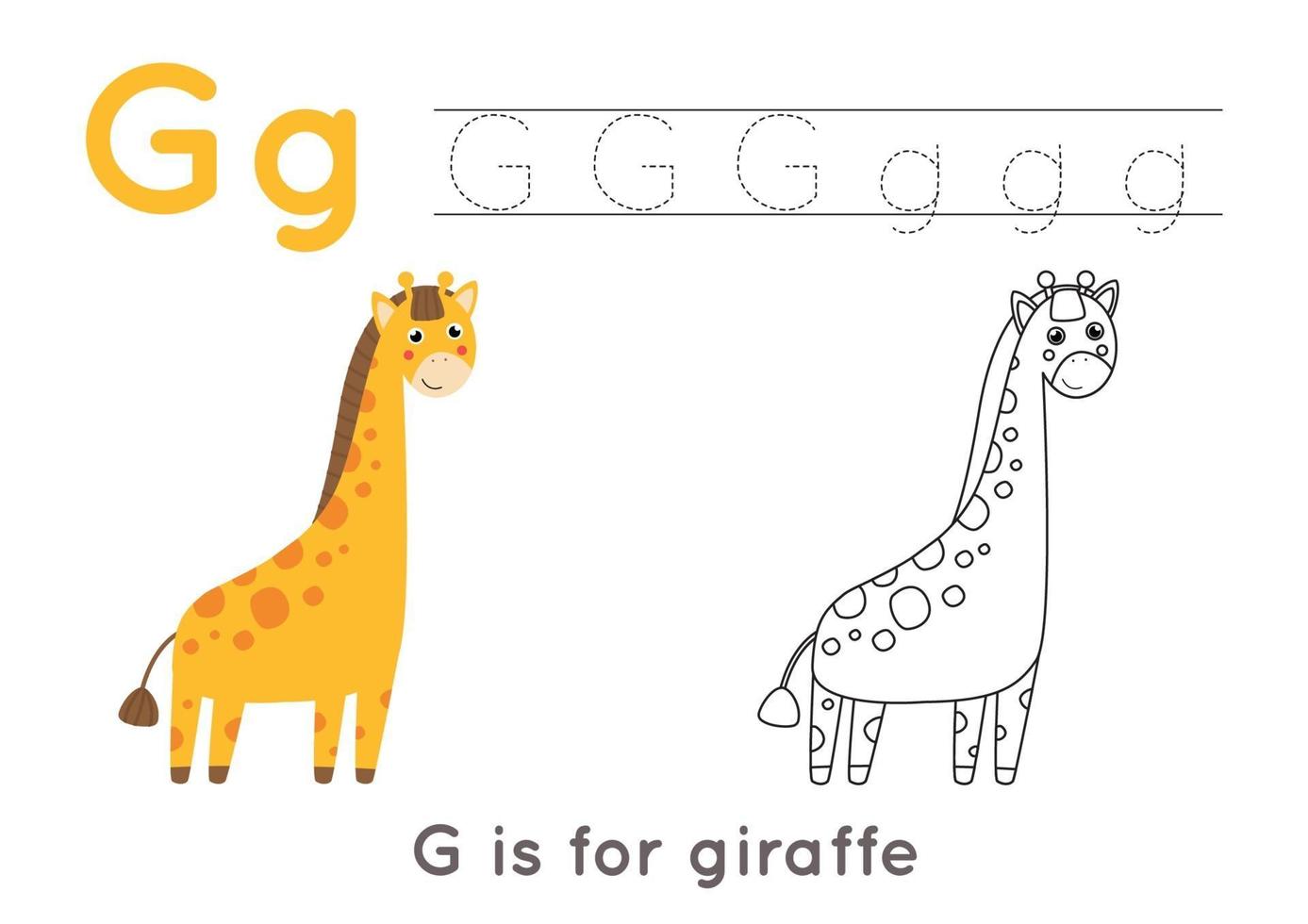 Coloring page with letter G and cute cartoon giraffe. vector