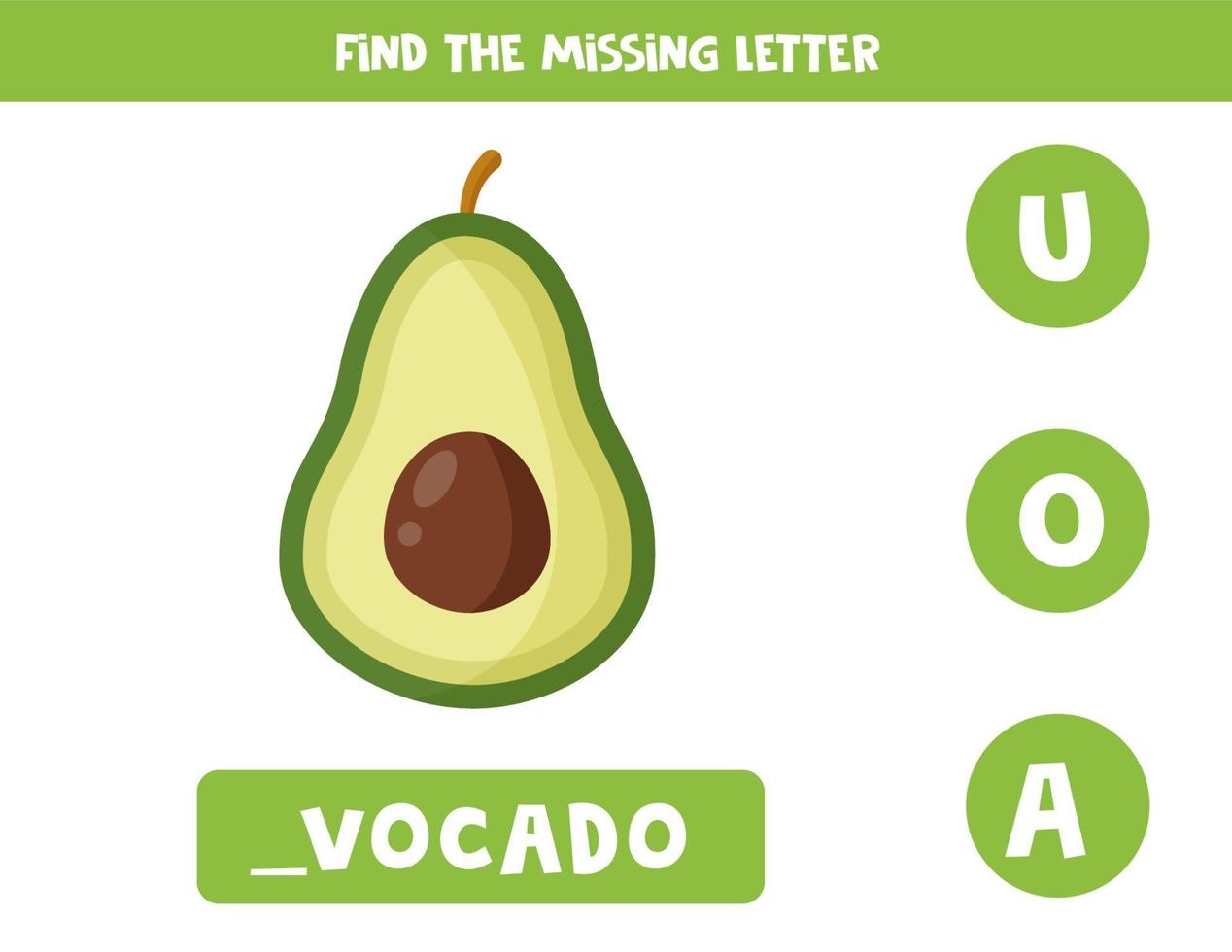 Find missing letter in word. Cute cartoon avocado. vector