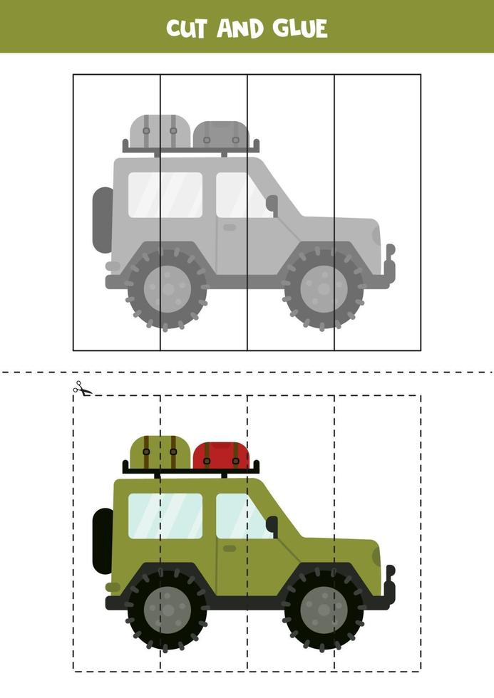 Cut and glue game for kids. Cartoon safari car. vector