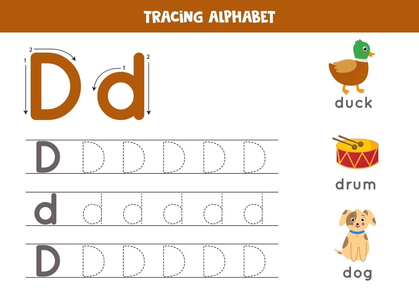 Handwriting practice with alphabet letter. Tracing D. vector