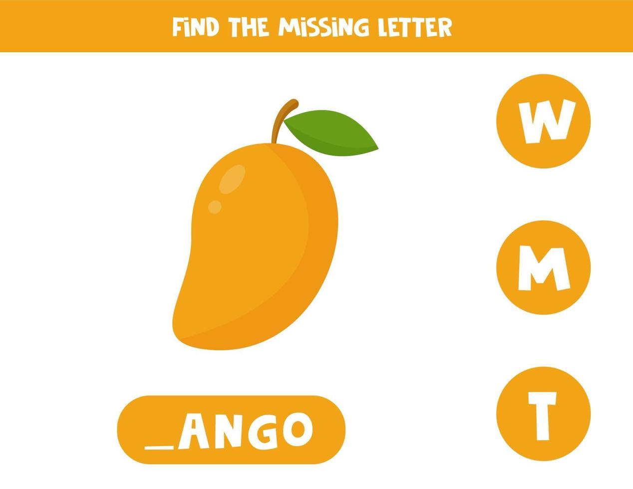 Find missing letter and write it down. Cute cartoon mango fruit. vector