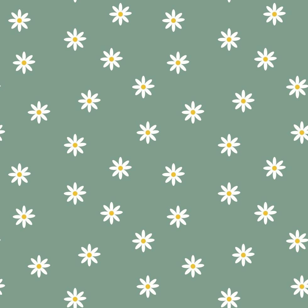 Stylish seamless deep green background with chamomile flowers. Floral modern print. Great for fabric, wallpaper, textile, wrapping. Vector simple template.