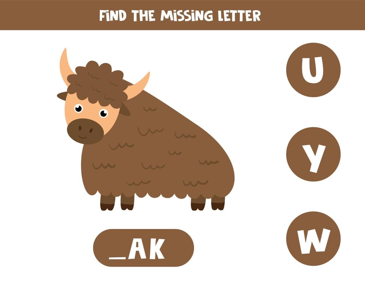 Find missing letter with cute cartoon yak. vector