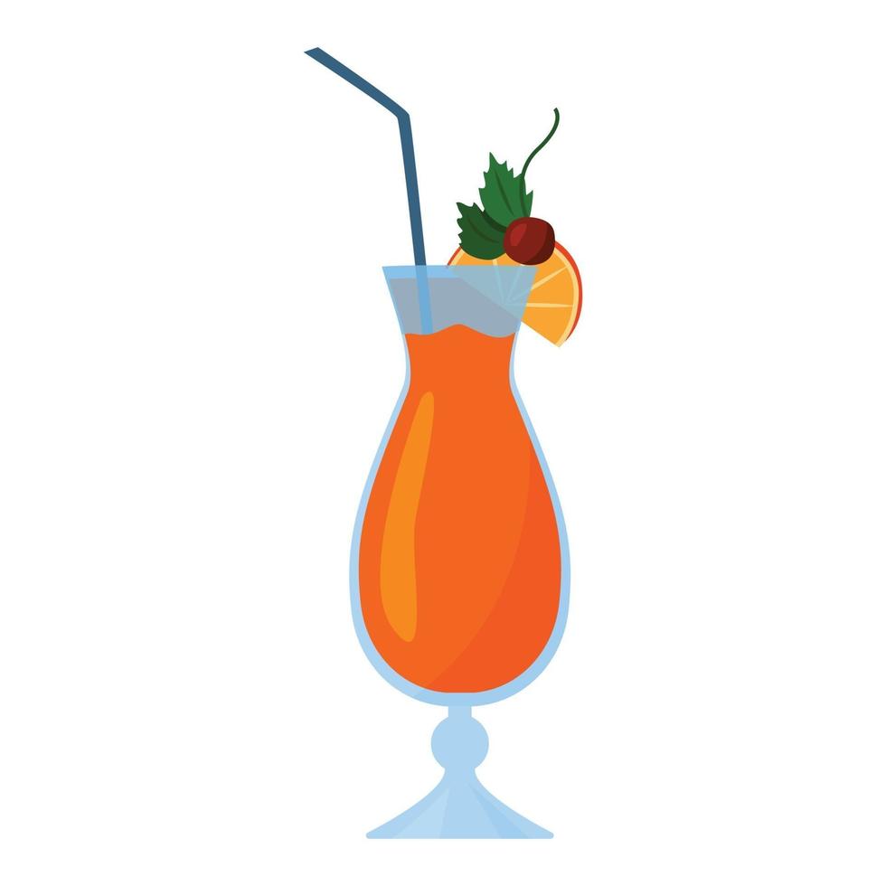 Cocktail in a tall glass with a slice of orange and a cherry. Cartoon vector illustration. Isolated on a white background. Flat style.