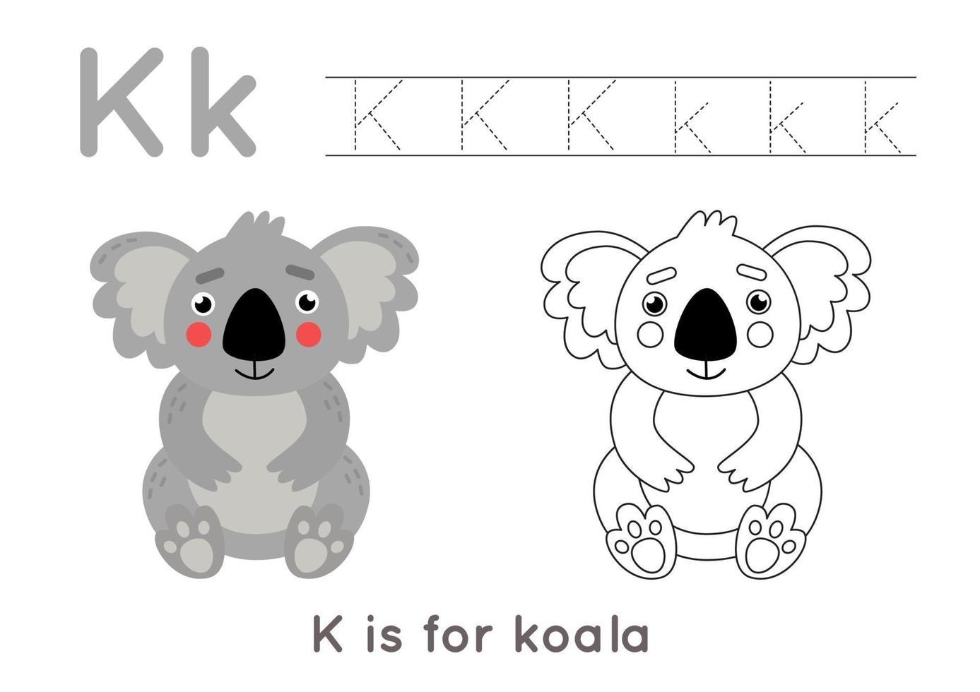 Coloring and tracing page with letter K and cute cartoon koala. vector