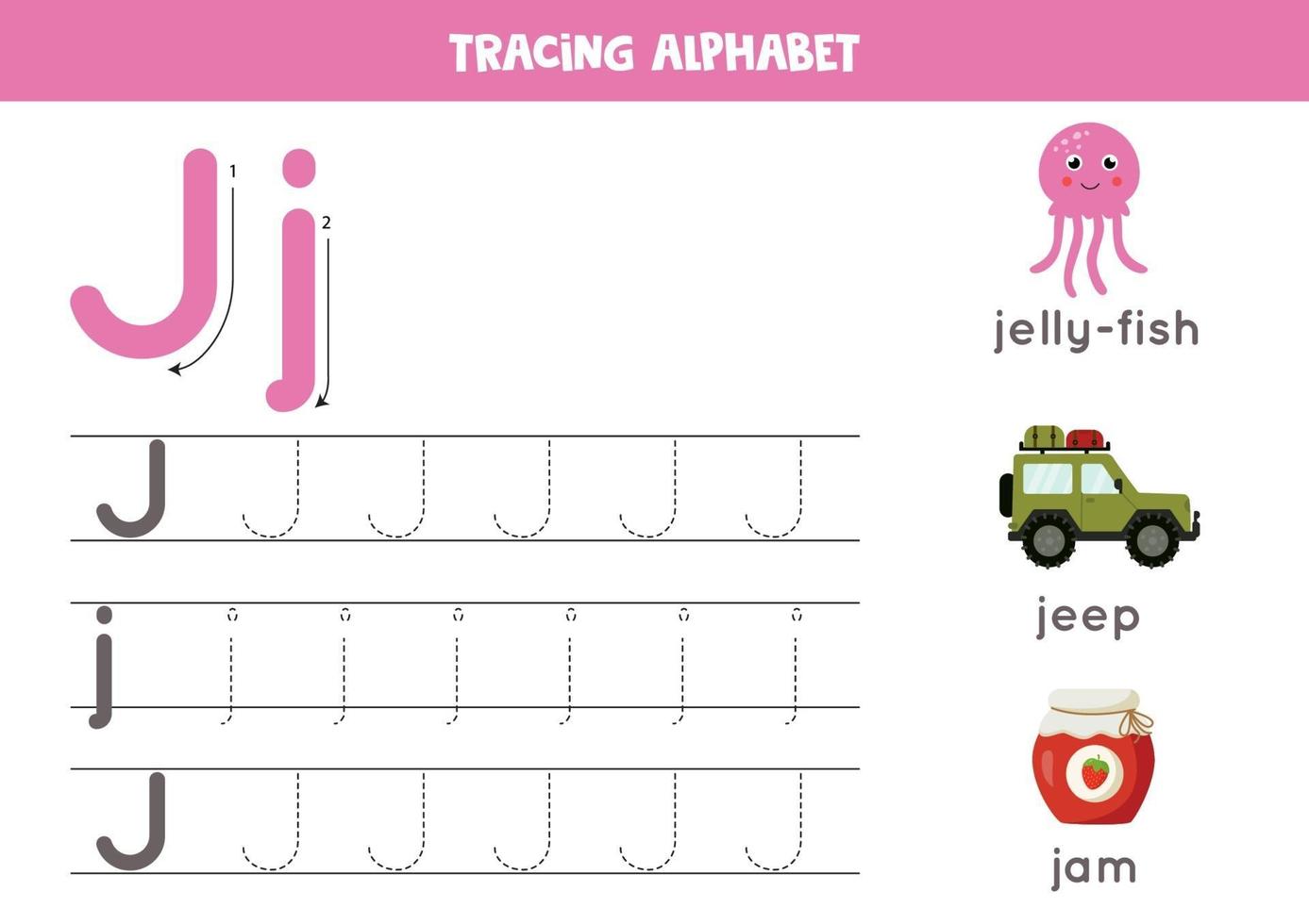 Tracing alphabet letter J with cute cartoon pictures. vector