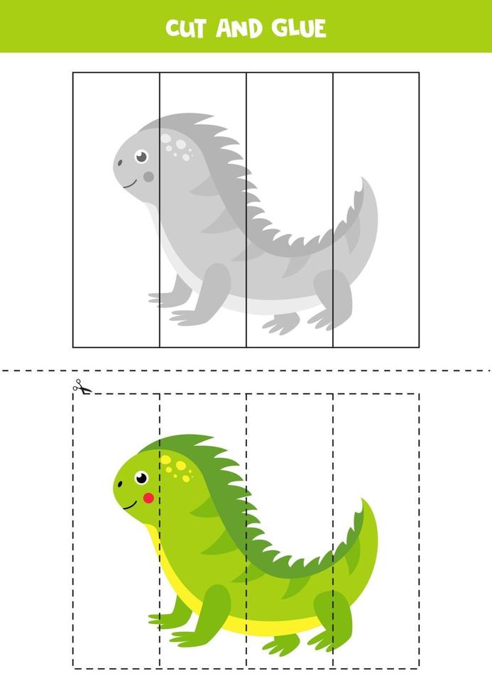 juego de cortar y pegar para niños. Iguana de dibujos animados lindo. vector