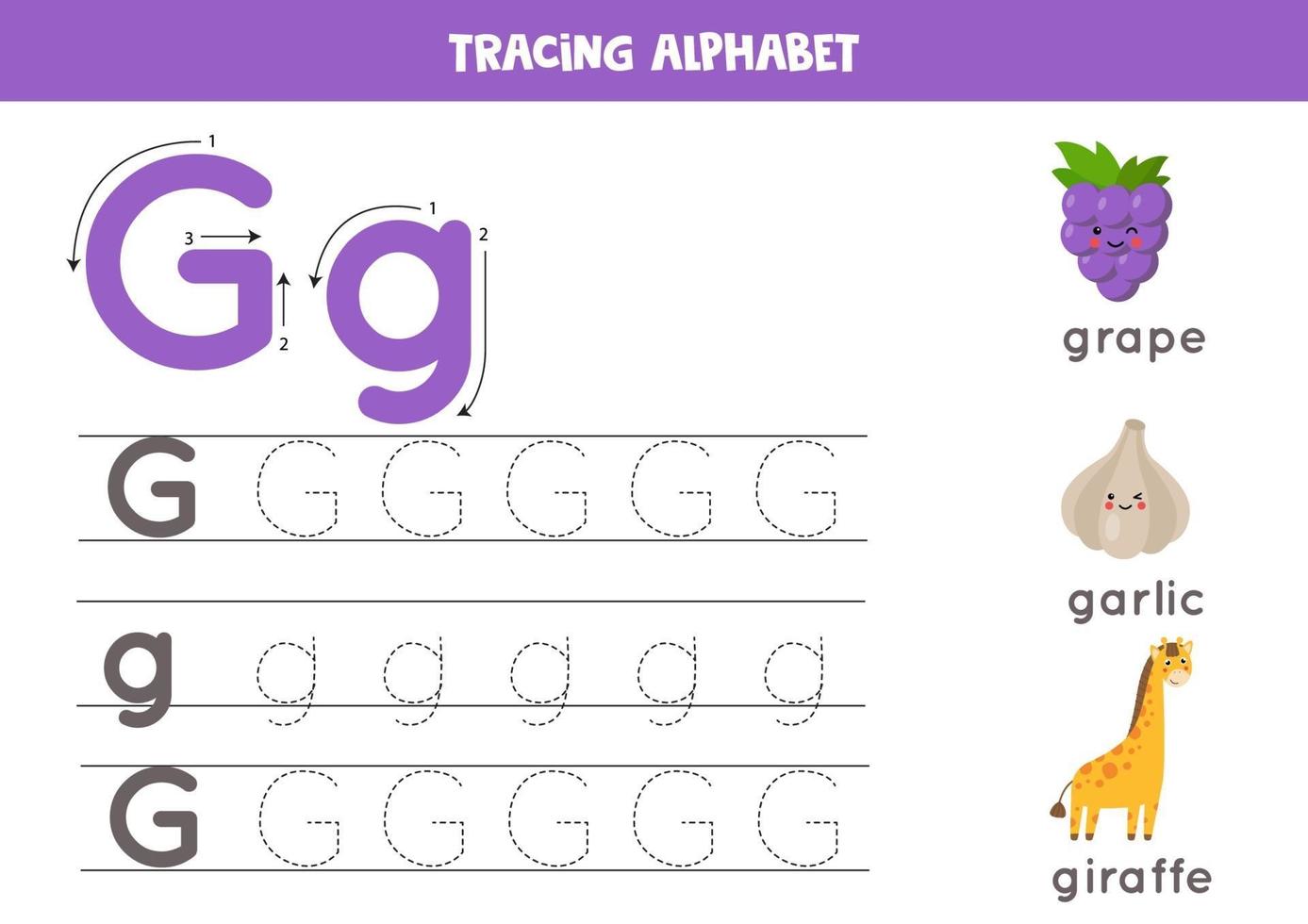 práctica de escritura a mano con letra del alfabeto. rastreo g. vector