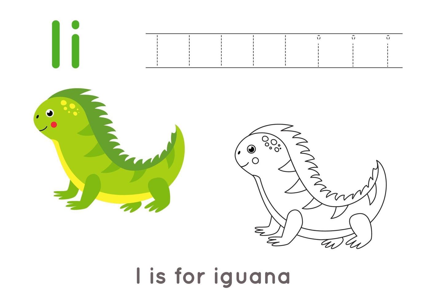 Página para colorear con la letra i y la iguana de dibujos animados lindo. vector