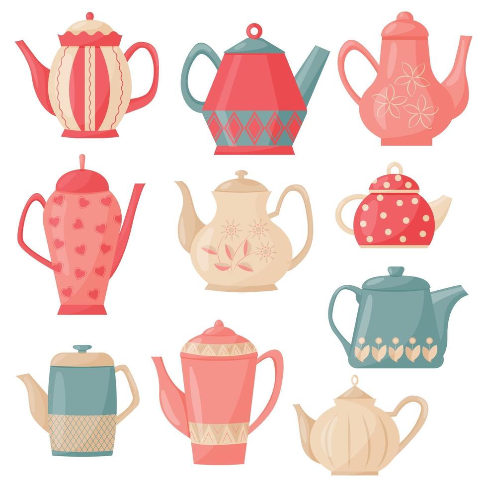 Kitchen Teapot Cartoon Illustration Flat Vector Set. Kitchen utensils.