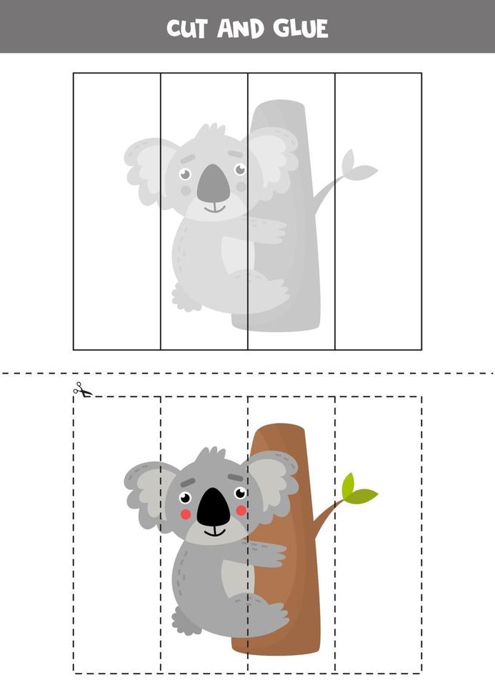 Cut and glue game for preschool children. Cute cartoon koala. vector