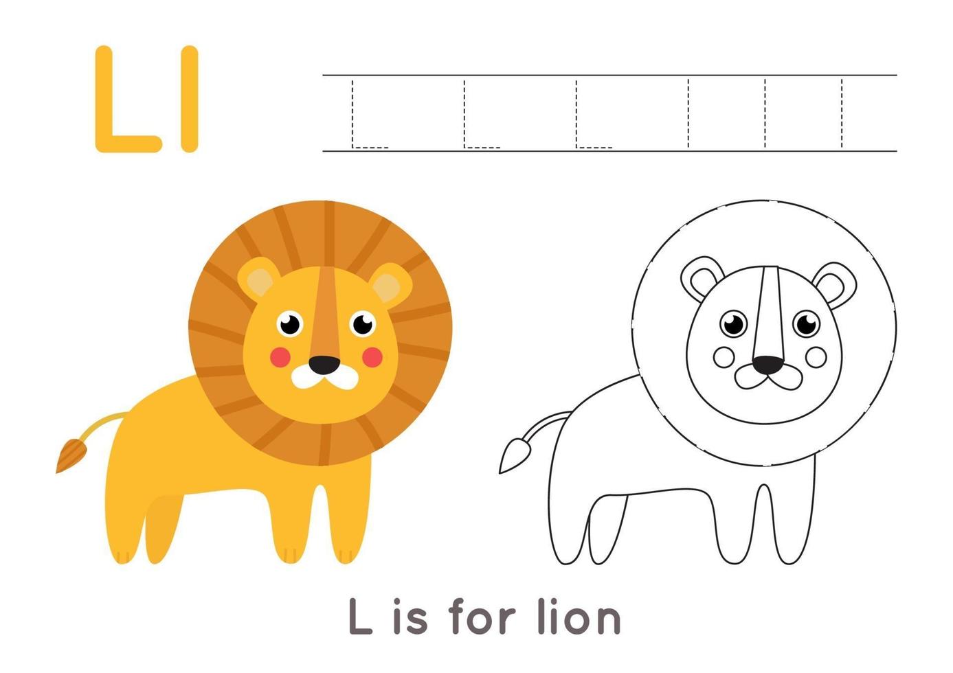 Coloring page with letter L and cute cartoon lion. vector