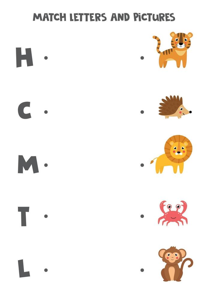 Matching game for kids. Find picture and letter it starts with. vector