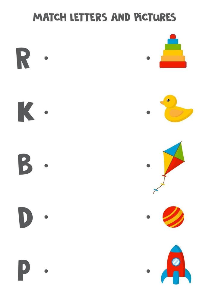 Matching game for kids. Find picture and letter it starts with. vector