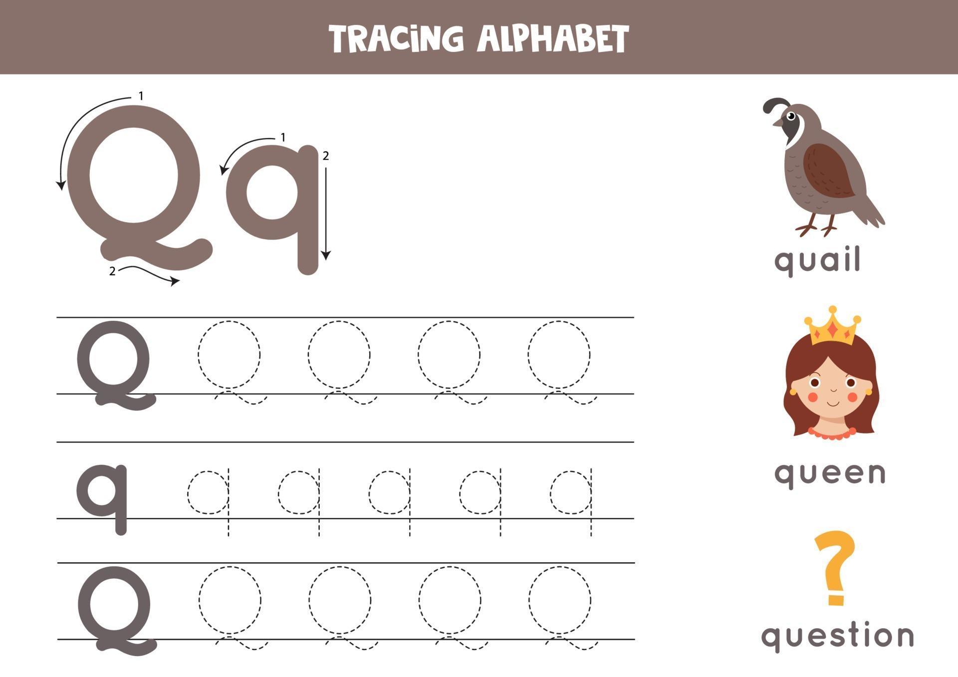 Handwriting practice with alphabet letter. Tracing Q. 2171798 Vector