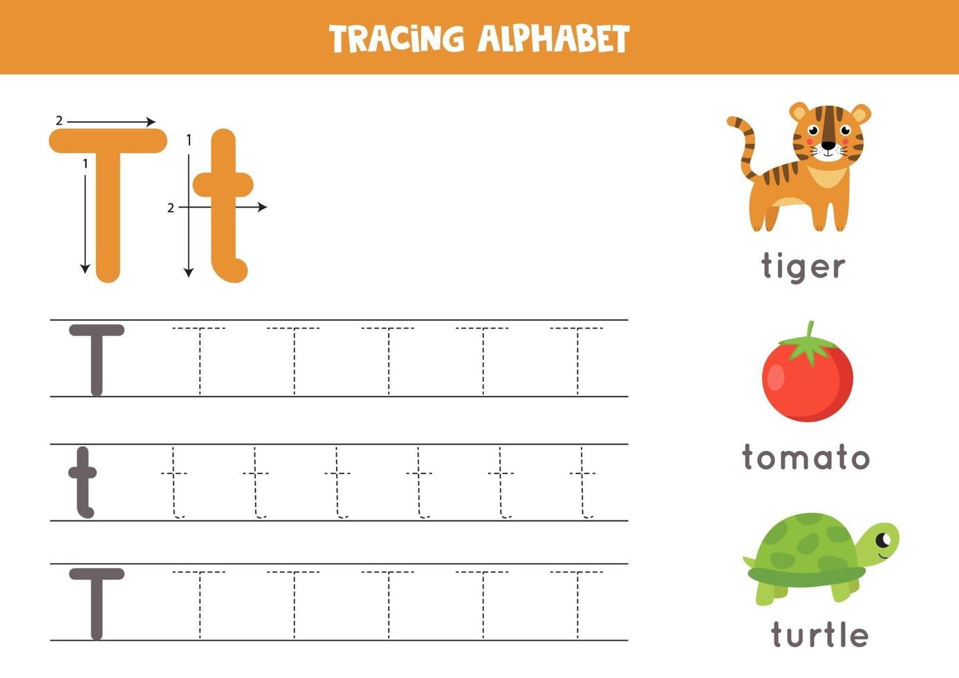 Handwriting practice with alphabet letter. Tracing T. vector