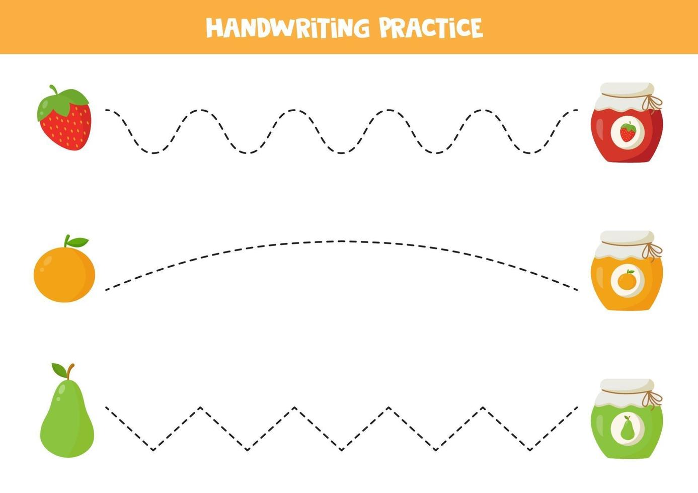 práctica de escritura a mano para niños. lindos frascos de mermelada y frutas de dibujos animados. vector