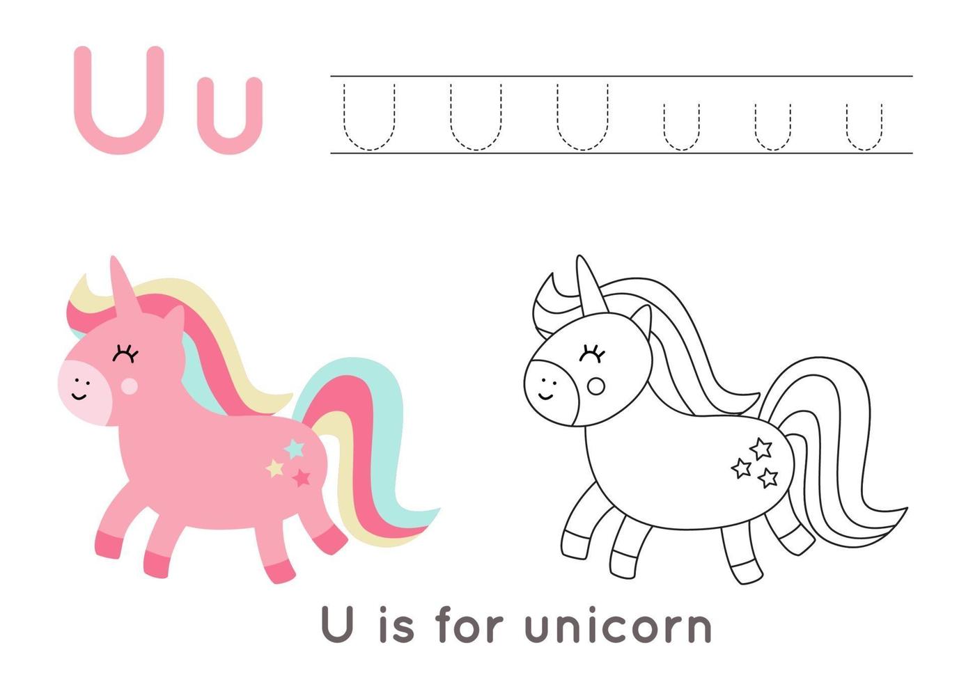 Coloring and tracing page with letter U and cute cartoon unicorn. vector