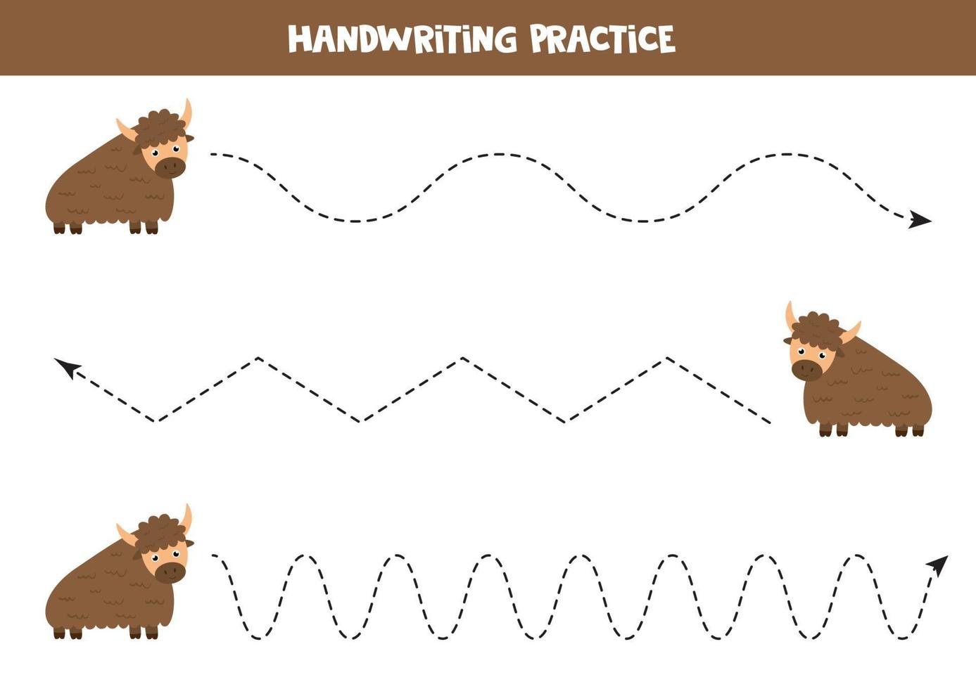 Tracing lines with cute cartoon yak. Handwriting practice. vector