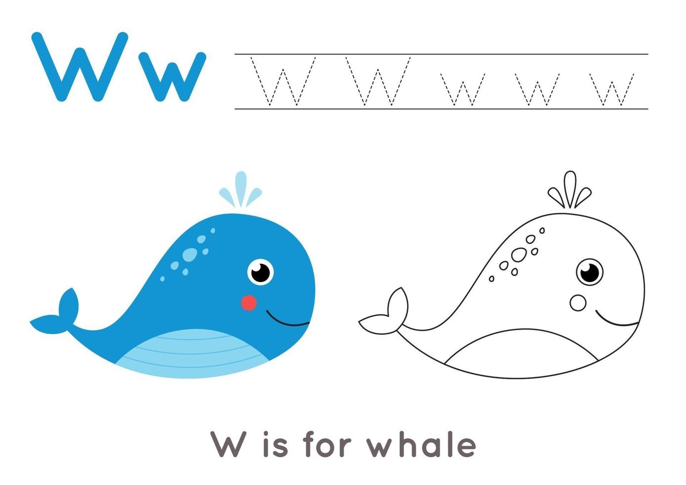 Coloring and tracing page with letter W and cute cartoon whale. vector