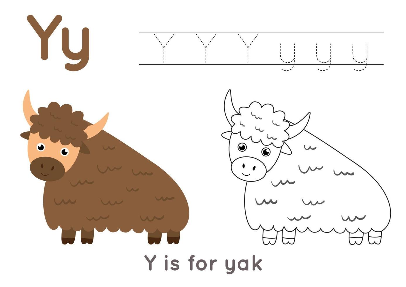 Coloring page with letter Y and cute cartoon yak. vector