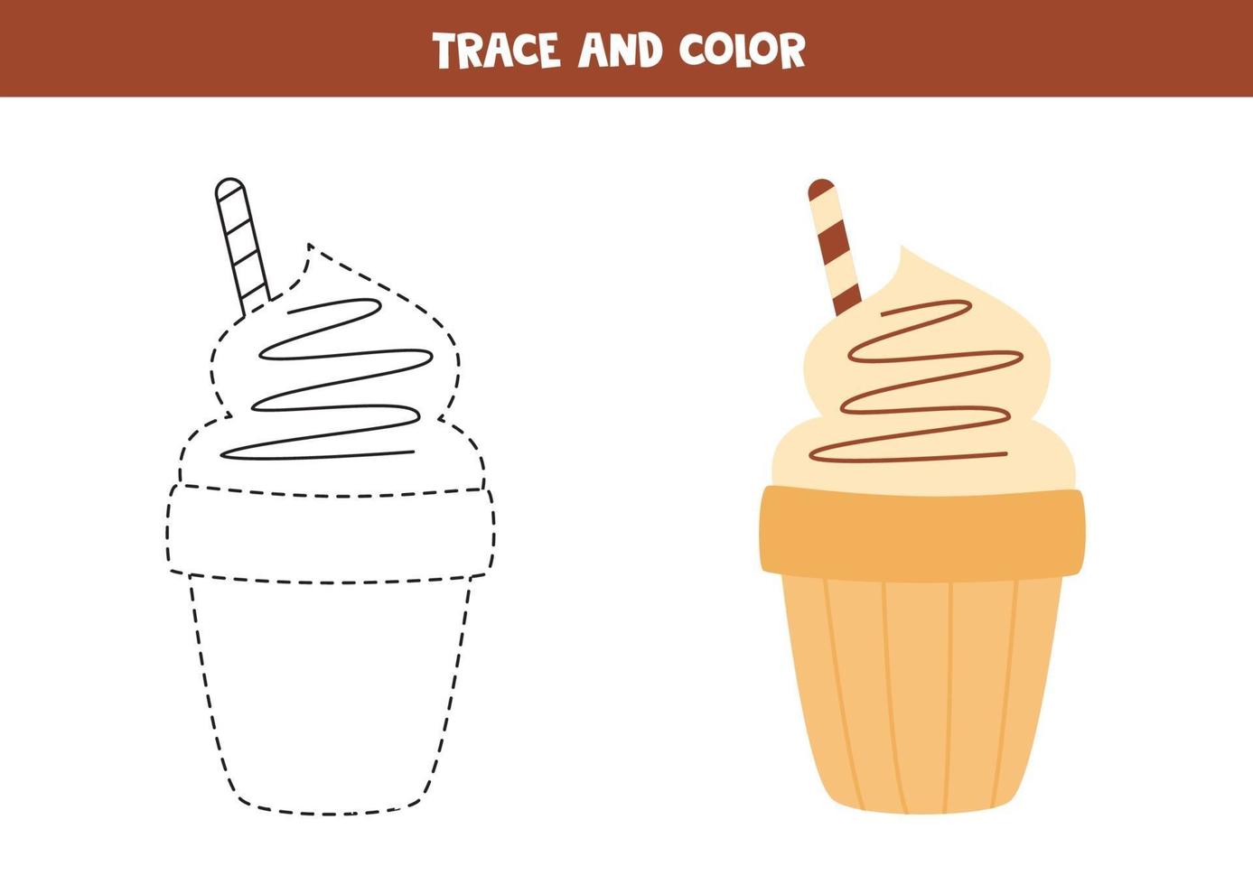 Trace and color chocolate ice cream. Worksheet for kids. vector