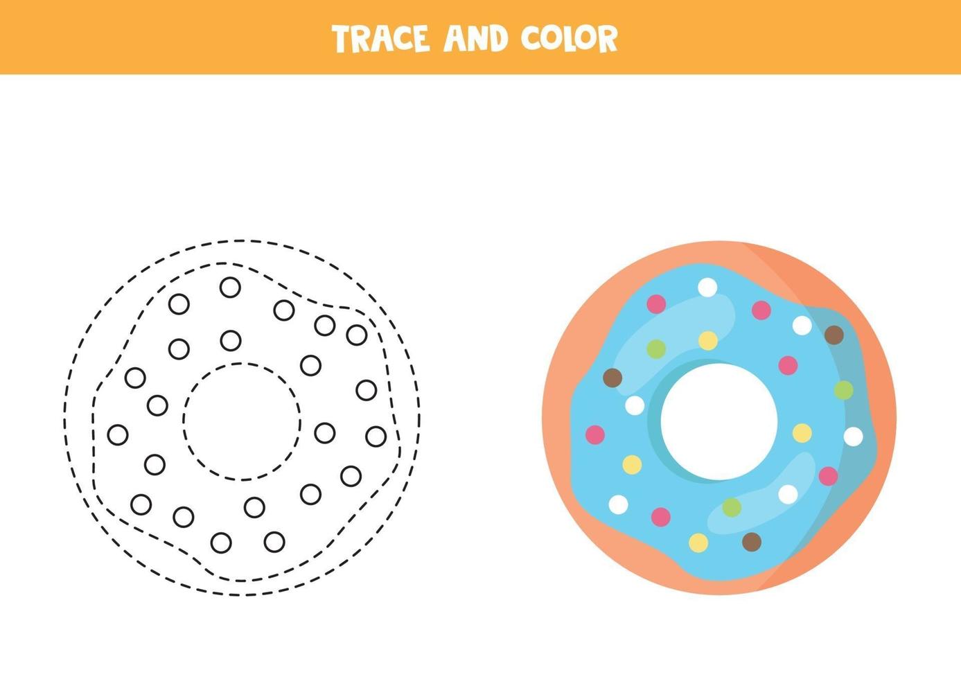 Trace and color cute blue donut. Worksheet for kids. vector