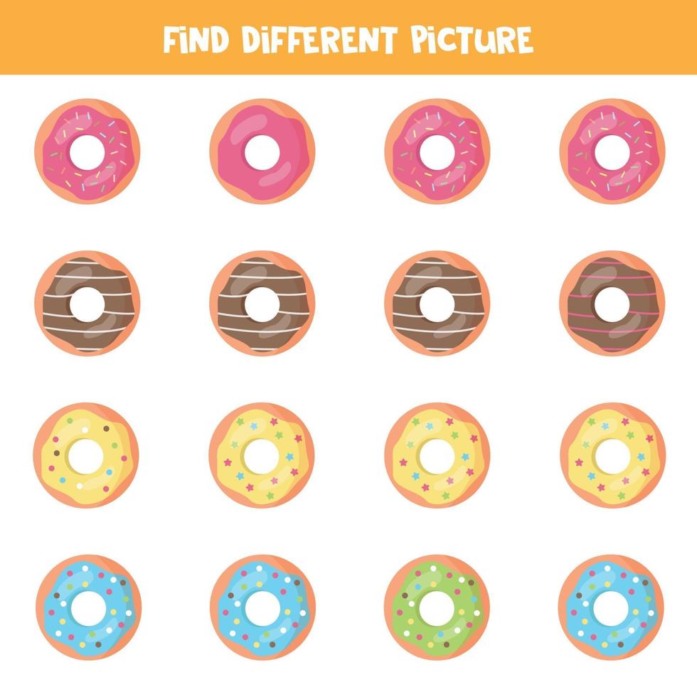 Find different picture of donut. Educational logical game for kids. vector