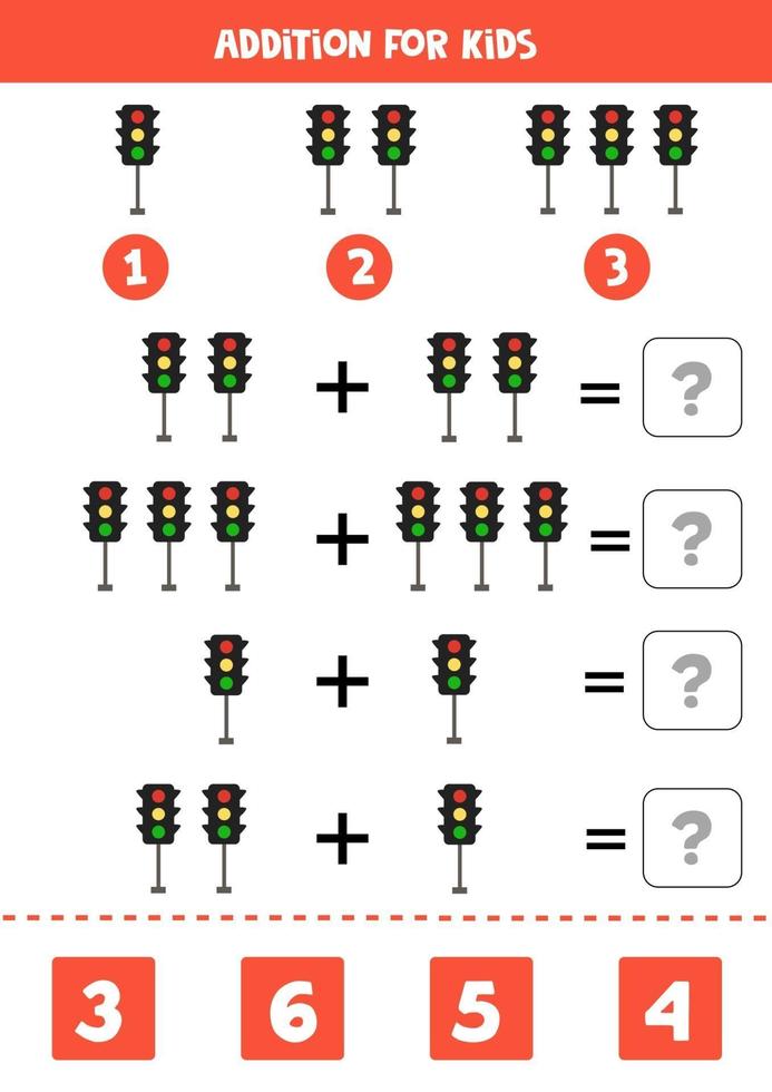 Addition worksheet with cartoon traffic lights. Math game. vector