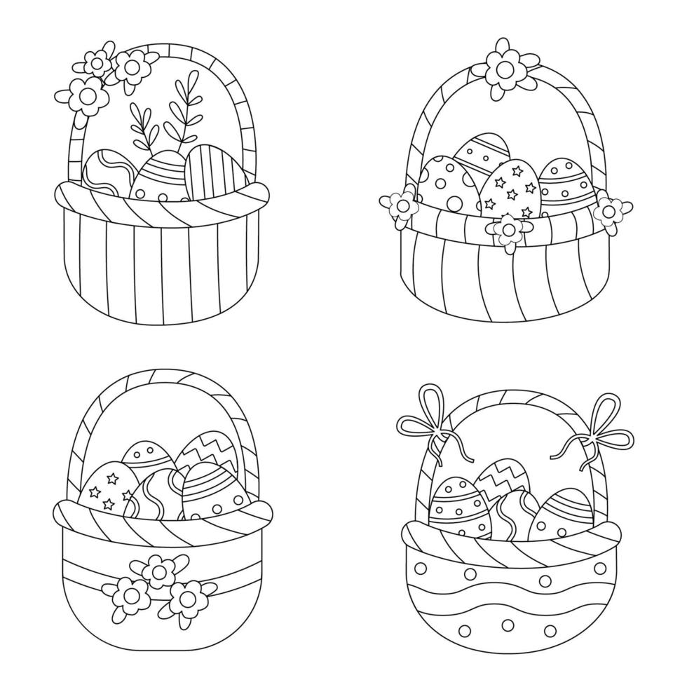 cestas de pascua de colores. página para colorear para niños. vector