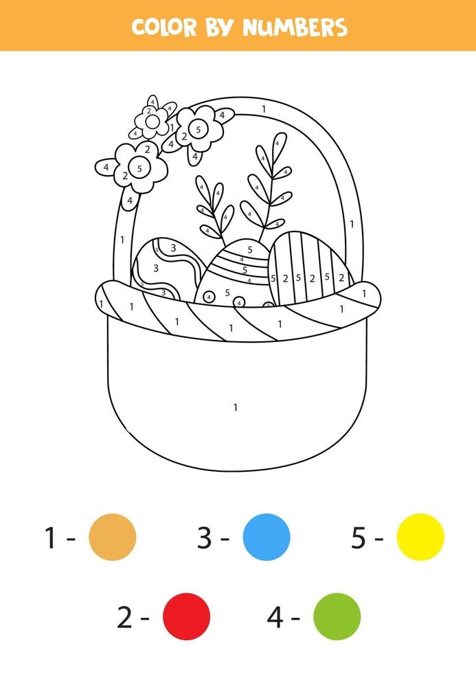 canasta de pascua de color por números. hoja de trabajo de primavera. vector