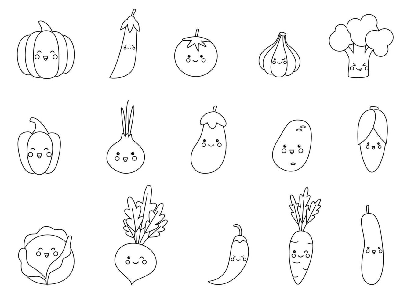 Color cute kawaii vegetables. Coloring page for kids. vector