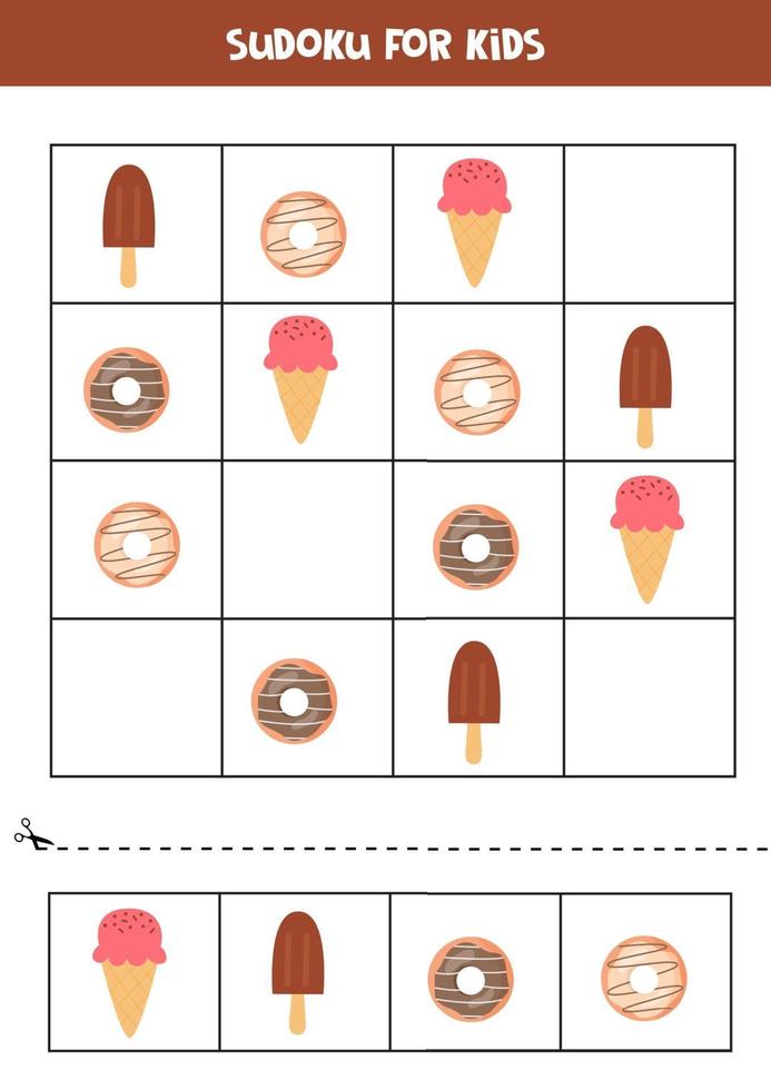 juego de sudoku con rosquillas de dibujos animados y helados. vector